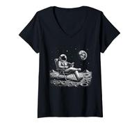 Women's Astronaut Reading Book Space Moon Spaceman Astronomy Sci Fi V-Neck T-Shirt