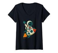 Womens Astronaut Riding Rocket Cartoon Space Design V-Neck T-Shirt