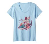 Women's Astronaut Riding Shark Space Ocean Floral Art V-Neck T-Shirt