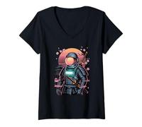 Womens Astronaut Samurai Katana Cherry Japan Retro Sunset Art V-Neck T-Shirt