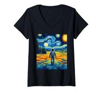 Women's Astronaut Starry Night Van Gogh Painting Outer Space Lover V-Neck T-Shirt