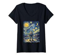 Women's Astronaut Van Gogh Starry Night Inspired Cosmic Sky Explorer V-Neck T-Shirt