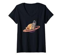 Womens Astronaut Walking Shiba Inu Dog Best Friend Saturn Space V-Neck T-Shirt