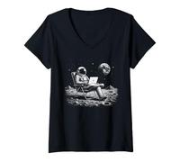 Women's Astronaut with Laptop On The Moon Spaceman Astronomy Sci Fi V-Neck T-Shirt