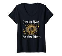 Women's Astronomy Celestial Bodies Live By Sun Love By Moon V-Neck T-Shirt