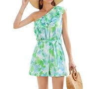 Women's Asymmetric One-Shoulder Oblique Neck Playsuit Elastic Waist Romper White-Blue Green L