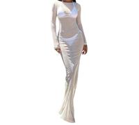Women's Asymmetrical Neck Sheer Mesh Evening Bodycon Maxi Dress Long Sleeve See Through Mesh Bodycon Dress (White, M)