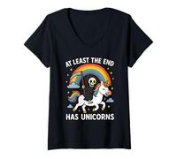 Womens At Least The End Has Unicorns Grim Reaper Funny Rainbow V-Neck T-Shirt