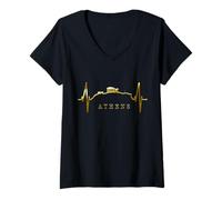 Womens Athens Skyline Heartbeat Heart Acropolis Ancient Greek Flag V-Neck T-Shirt