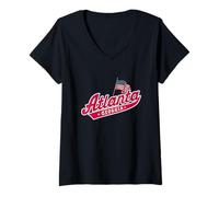 Womens Atlanta Retro Typography with American Flag Athletic Design V-Neck T-Shirt