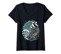 Women's Atlantic Cliffs Puffins Seabird Bird Watching V-Neck T-Shirt