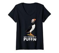 Womens Atlantic Puffin Muffin Seabird Easily Distracted By Puffin V-Neck T-Shirt