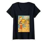 Womens Atomic Bomb Summer Bikini Beach 1950s Comic Scene V-Neck T-Shirt