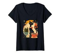Women's Atomic Coffee Cat Mid Century Modern Retro Black Feline Chic V-Neck T-Shirt