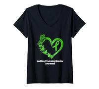 Women's Auditory Processing Disorder APD Awareness Heart Butterfly V-Neck T-Shirt