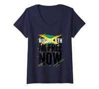 Women's August 6th Mi Free Now Flag of Jamaica Happy Independence V-Neck T-Shirt
