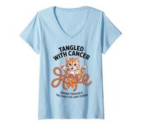 Women's August Appendix Cancer Awareness Orange Ribbon Cat Hope V-Neck T-Shirt