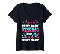 Womens Aunt Is My Name Keeping Gender Is My Game Gender Reveal V-Neck T-Shirt