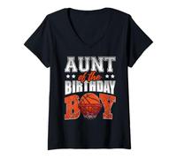 Womens Aunt of The Birthday Boy Basketball Family Baller Party V-Neck T-Shirt