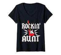 Womens Aunt Rockin One Birthday Family Matching Rock Guitar V-Neck T-Shirt