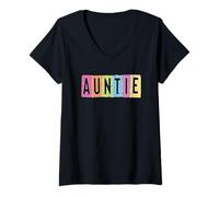 Womens Auntie Colorful Fun Checkered Letters Design V-Neck T-Shirt