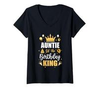 Womens Auntie of The Birthday King Boys Men Bday Party for Him V-Neck T-Shirt