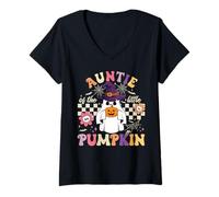 Womens Auntie of The Little Pumpkin Halloween Spooky Ghost V-Neck T-Shirt
