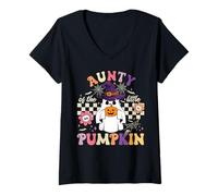 Womens Aunty of The Little Pumpkin Halloween Spooky Ghost V-Neck T-Shirt