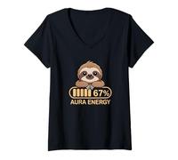 Women's Aura Energy 67 Percent Six Seven Meme Sloth V-Neck T-Shirt