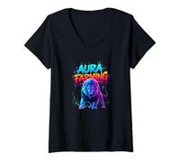 Womens Aura Farming Lion | Fantasy Gamer Slang Energy Design V-Neck T-Shirt