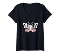 Womens Aurelia Butterfly - Personalized Cute Name Word Art V-Neck T-Shirt