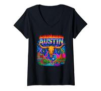 Women's Austin Cityscape Western Steer Skull Texas Map V-Neck T-Shirt