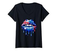 Women's Australia Flag Dripping Lips Pop Art Patriot Design V-Neck T-Shirt