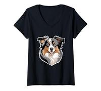 Womens Australian Shepherd Dog Head in Cartoon Style V-Neck T-Shirt