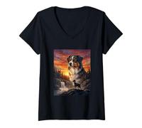 Women's Australian Shepherd Dog Lover Vintage Sunset Forest Art V-Neck T-Shirt