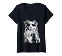 Women's Australian Shepherd Drinking Iced Coffee Funny Dog Meme y2k V-Neck T-Shirt