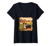 Women's Australian Shepherd Farmer Dog Rural Field Design V-Neck T-Shirt