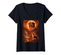 Women's Australian Shepherd Howling At Moon Vintage Funny Mystic V-Neck T-Shirt