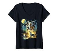 Women's Australian Shepherd Howling to The Moon Meme Funny 90's Dog V-Neck T-Shirt