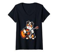 Womens Australian Shepherd Playing Guitar Funny Australian Shepherd V-Neck T-Shirt