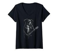 Womens Australian Shepherd Playing Guitar Rock Music Dog Lover V-Neck T-Shirt