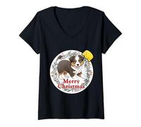 Womens Australian Shepherd Puppy Dog Christmas Ornament Art V-Neck T-Shirt