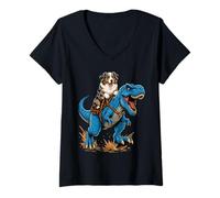 Women's Australian Shepherd Riding T Rex Dinosaur Herding Dog Ride V-Neck T-Shirt