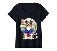 Women's Australian Shepherd Samurai Japanese Dog Kyosai Design V-Neck T-Shirt