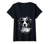 Women's Australian Shepherd with Sunglasses White Splash Art Dog V-Neck T-Shirt