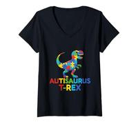 Women's Autisaurus T-Rex Autism Awareness Dinosaur Puzzle Piece Boys V-Neck T-Shirt
