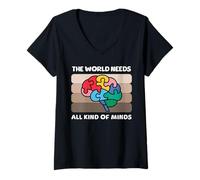 Womens Autism Awareness All Kinds Of Minds Autistic ND Brain V-Neck T-Shirt