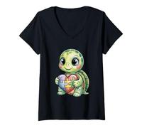 Women's Autism Awareness Cute Turtle Puzzle Heart Support V-Neck T-Shirt