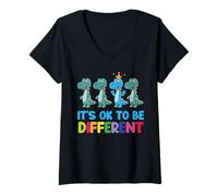 Womens Autism Awareness Dinosaur Kid Boys It is Ok to Be Different V-Neck T-Shirt