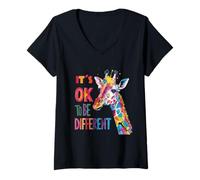 Womens Autism Awareness Giraffe Animal Lover Its Ok to Be Different V-Neck T-Shirt
